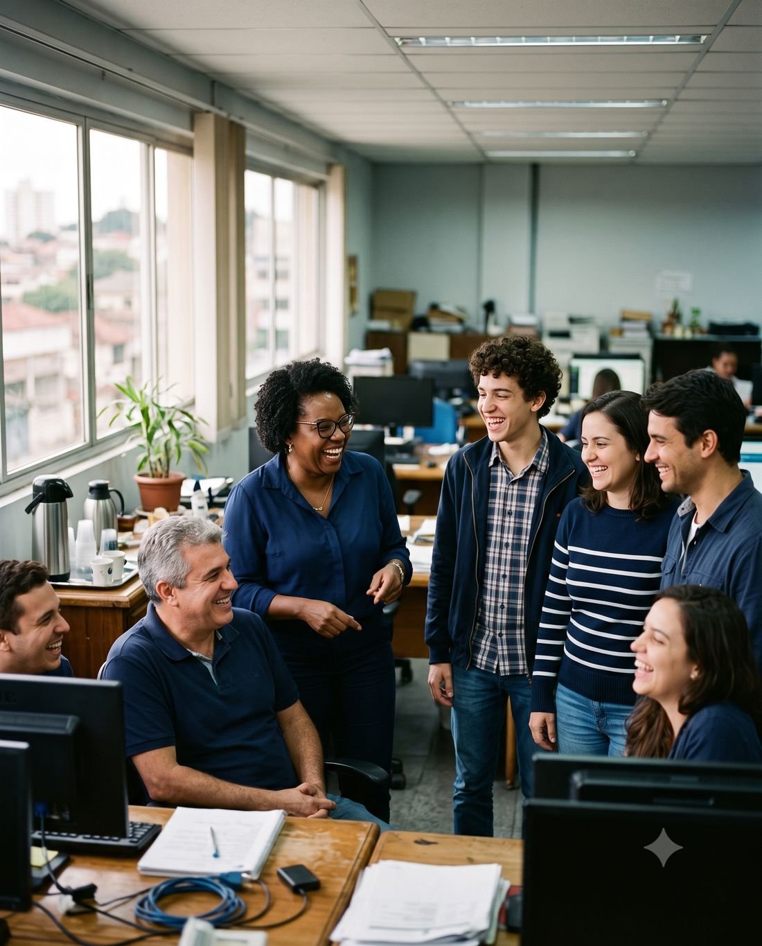 Equipe de uma pequena empresa sorrindo reunida no escritório