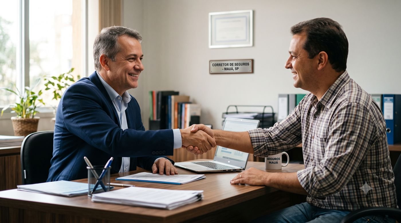 Corretor apertando a mão de um cliente no escritório em Mauá